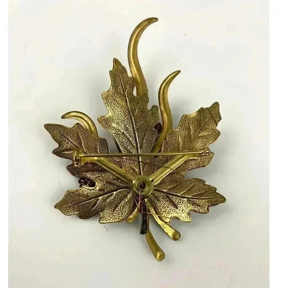 VTG Bronze Tone Maple Leave Metal Brooch Pin Beaded 90s - Picture 4 of 10